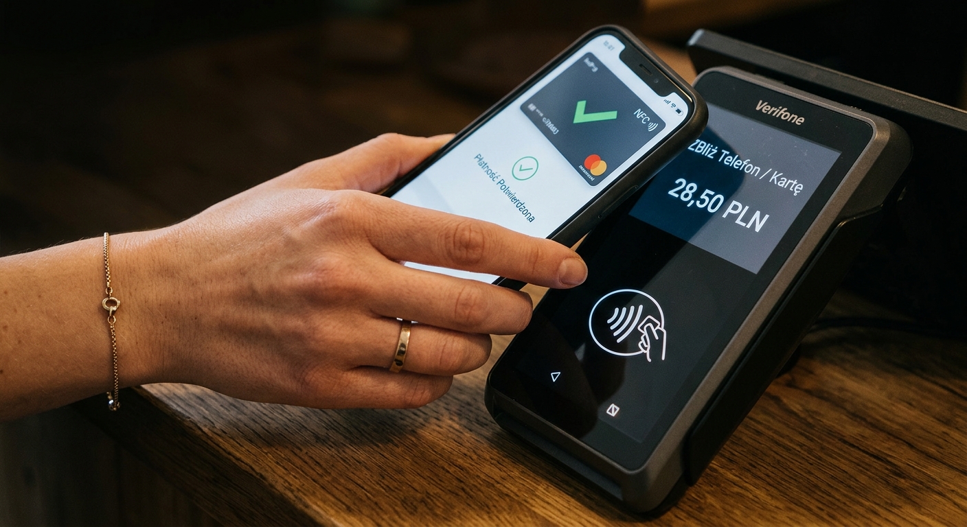 Płatność zbliżeniowa NFC telefonem przy terminalu